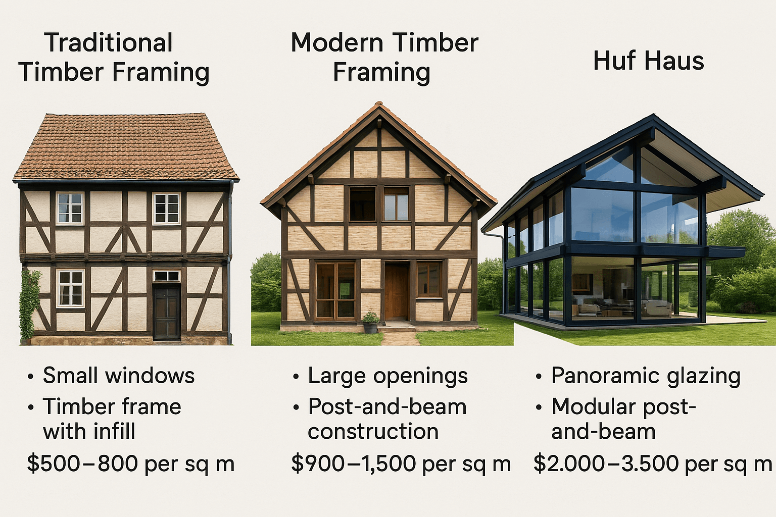 Comparison of half-timbered and Huf Haus house appearance: traditional, modern, and premium variants
