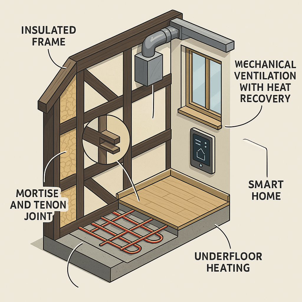Modern engineering systems in a half-timbered house: insulation, ventilation, and technologies