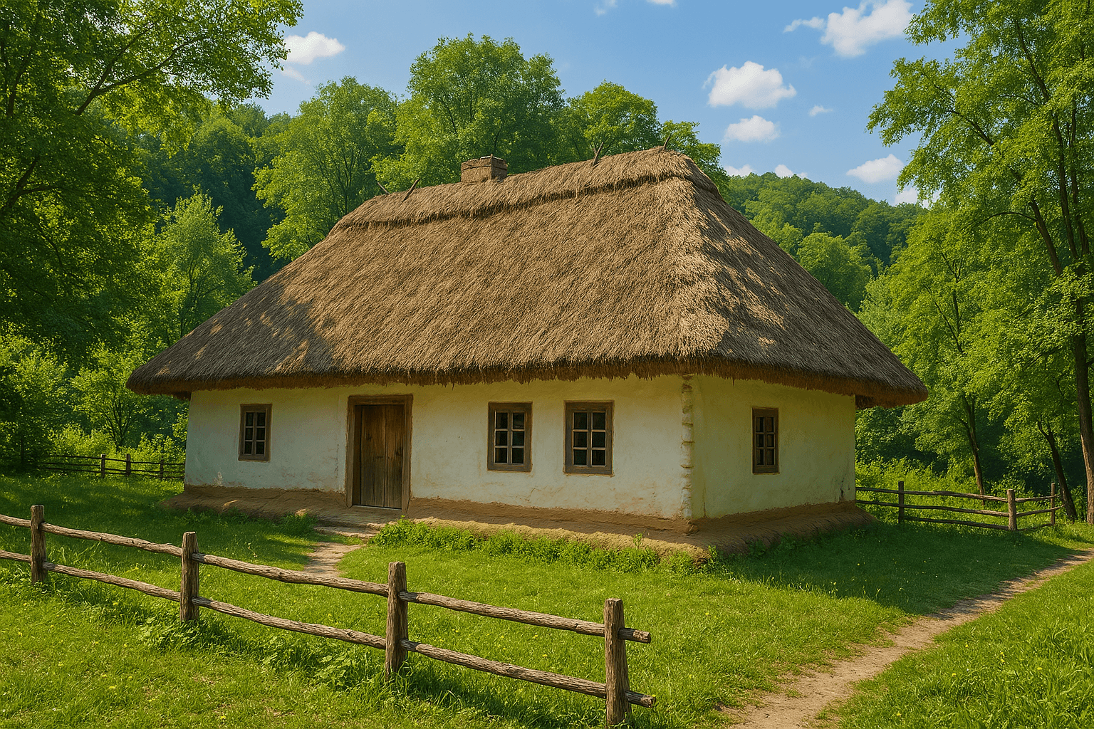 Традиційна українська хата з солом'яним дахом у Музеї народної архітектури у Львові