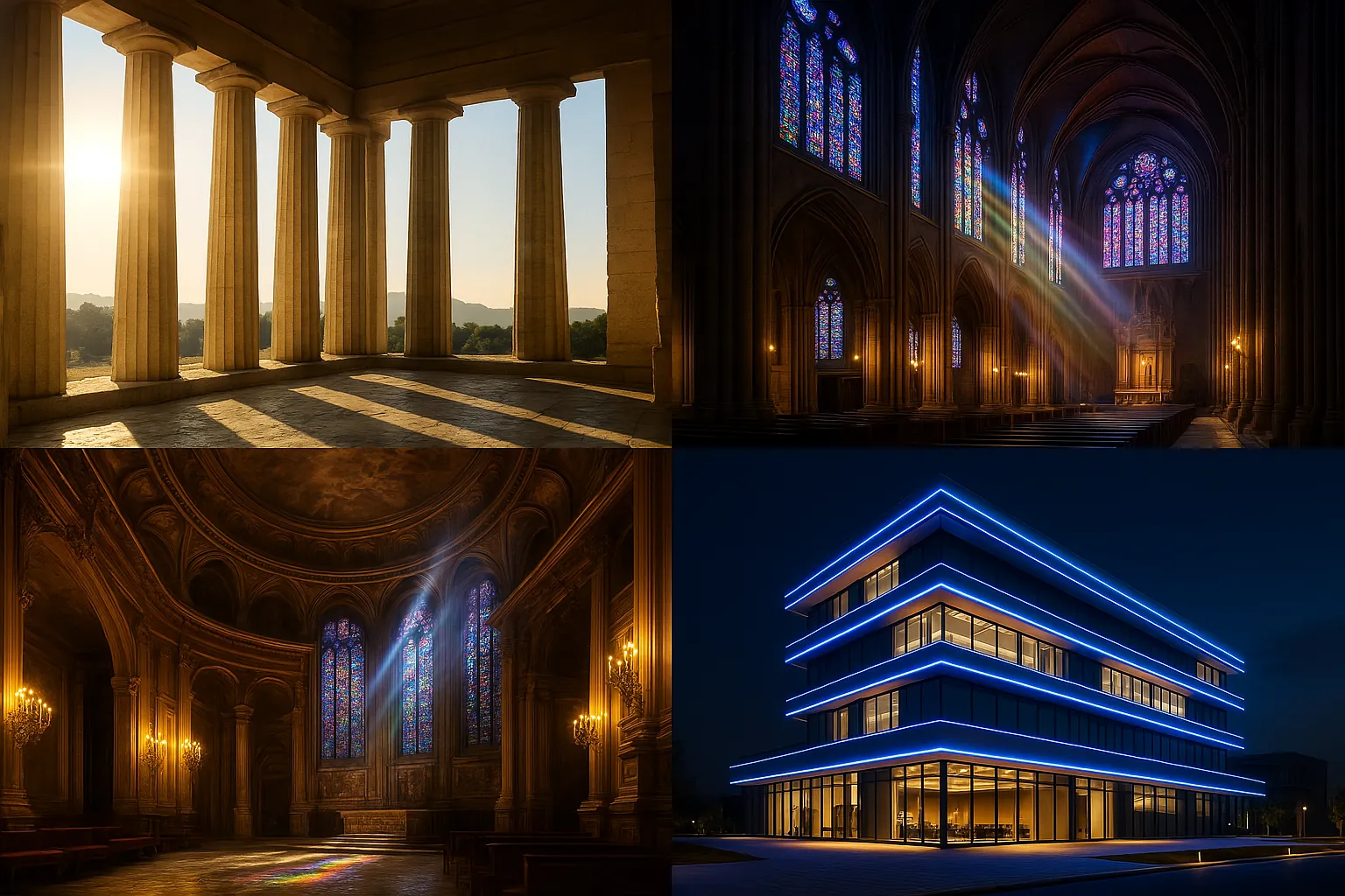 Collage reflecting the evolution of architectural lighting from antiquity to modern times
