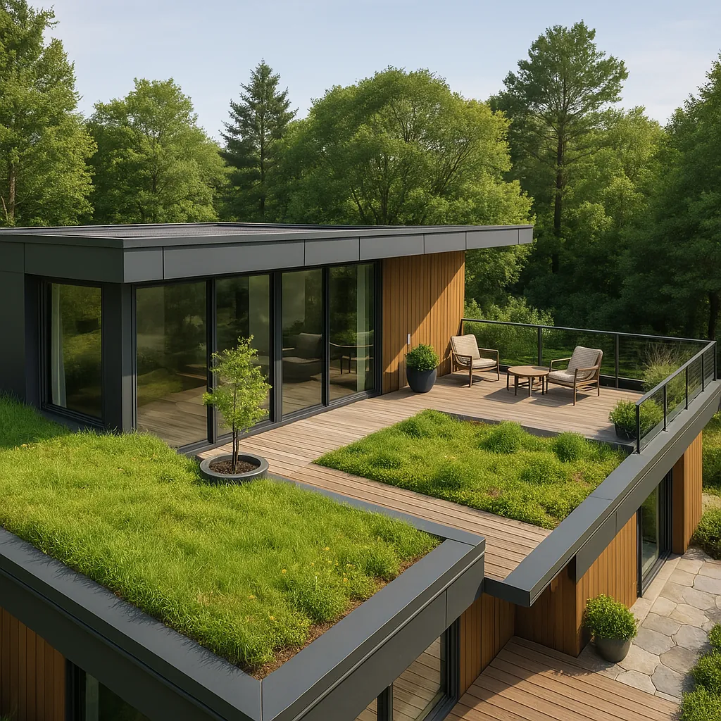 Green roof of modular home with terrace, fountain and relaxation zones